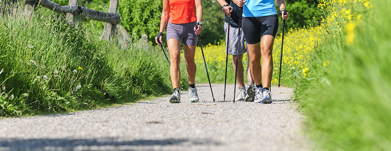 Ein Schotterweg mit links und rechts Grüner wiese und mitten auf dem weg laufen 3 Personen mit Walking Stöcken