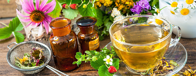 Ein Bild auf dem eine Tasse Tee, Kräuter in einem Sieb und 2 Flächen auf einem Tisch stehen. Im Hintergrund sieht man noch ein paar Bunte Pflanzen/Kräuter