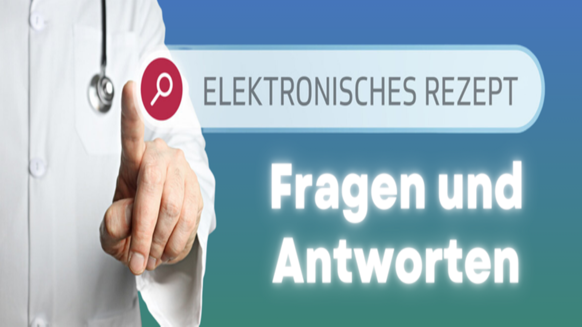 Ein Arzt mit dem Oberkörper der mit dem Finger auf eine Lupe zeigt mit dem Hinweis Elektronisches Rezept