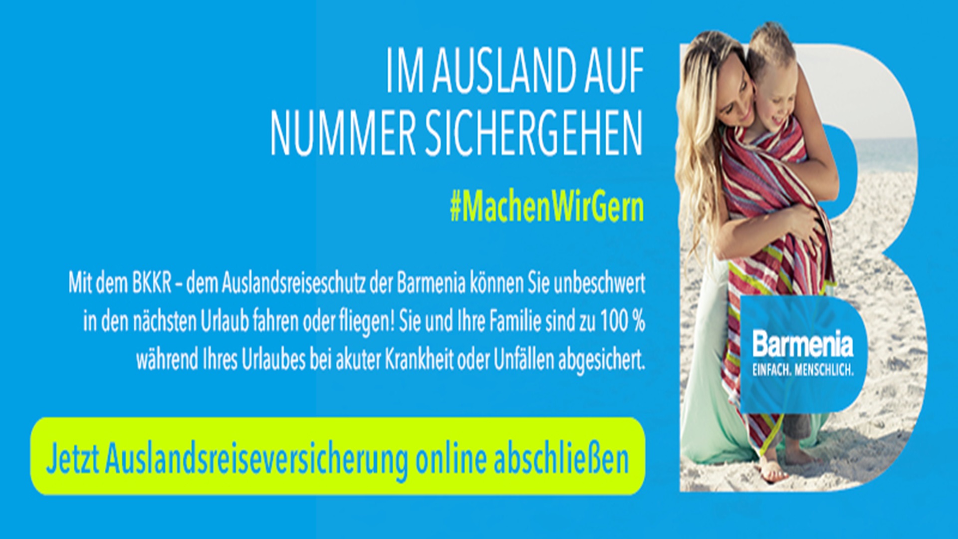 Ein Flyer mit einer Frau und einem Kind im Arm mit dem Hinweis im Ausland auf Nummer sicher gehen von der Barmenia